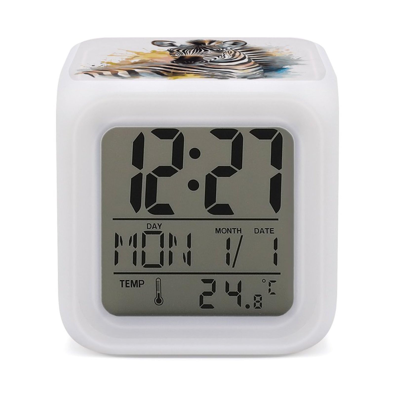 FekiLoot Cute Zebra Watercolor Alarm Clock for Heavy Sleepers Wake Up Digital Clock with 7 Color Changing Night Light Super Loud Digital Alarm Clocks Small Machine Alarm Clocks
