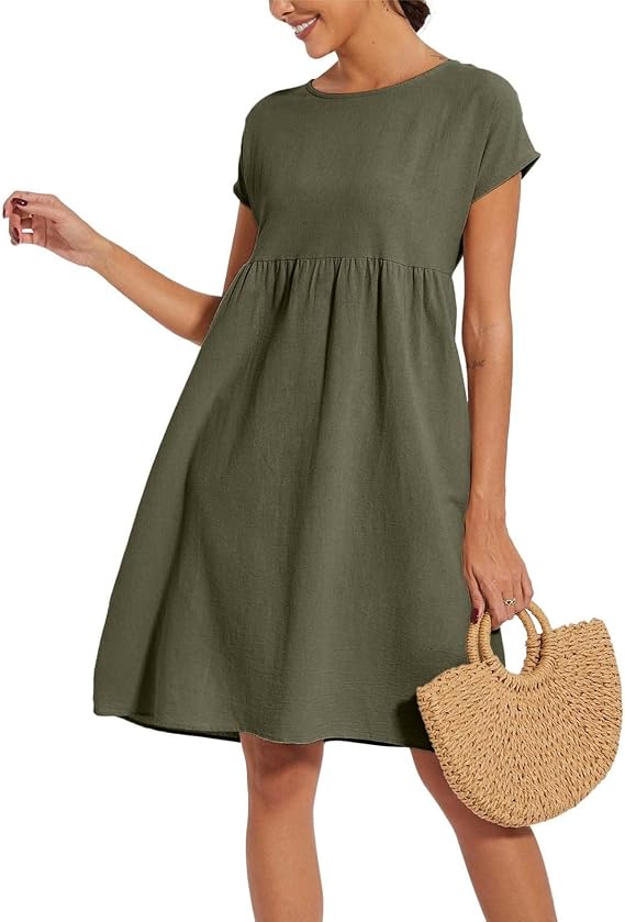 Generic Dresses for Women Summer Plus Size Linen Short Sleeve Midi Dress Casual 2024 Beach Vacation Sundress with Pockets