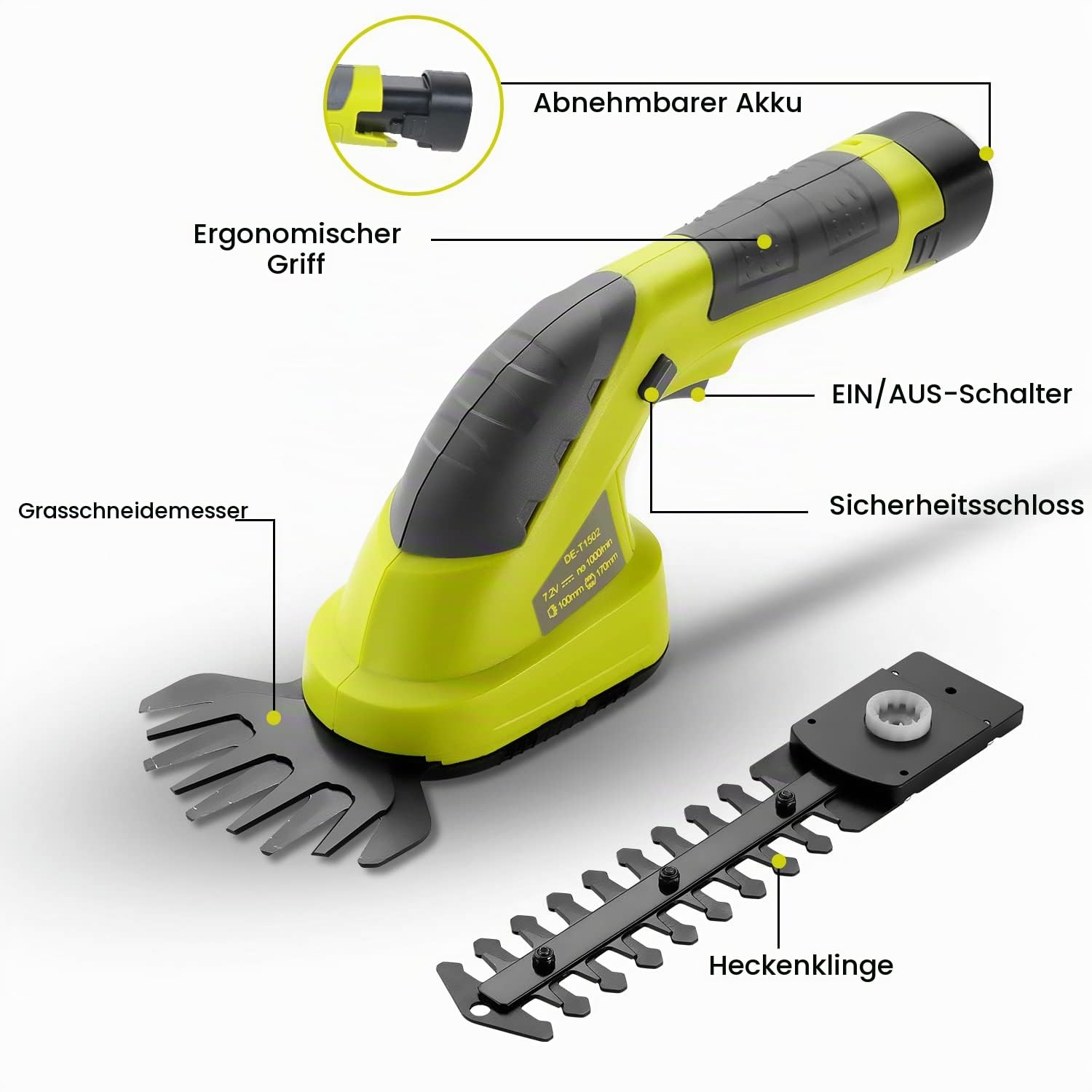 DEWINNER Akku Gras- und Strauchschere, 7,2 V 1,5 Ah Lithium, 170 mm Schnittlänge,Messerabstand 100 mm,Strauchschere Grasschere