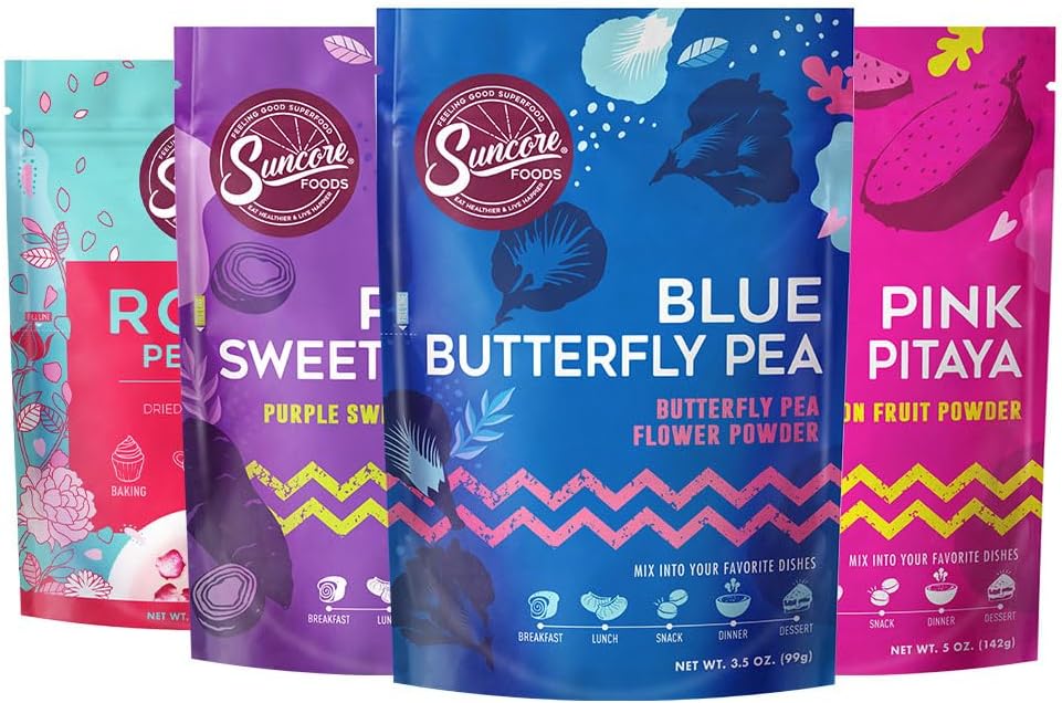 Suncore FoodsBetter Together Favorites Starter Bundle 4 Pack – 3 Powders (Blue, Pink & Purple) & Rose Petals Bloom