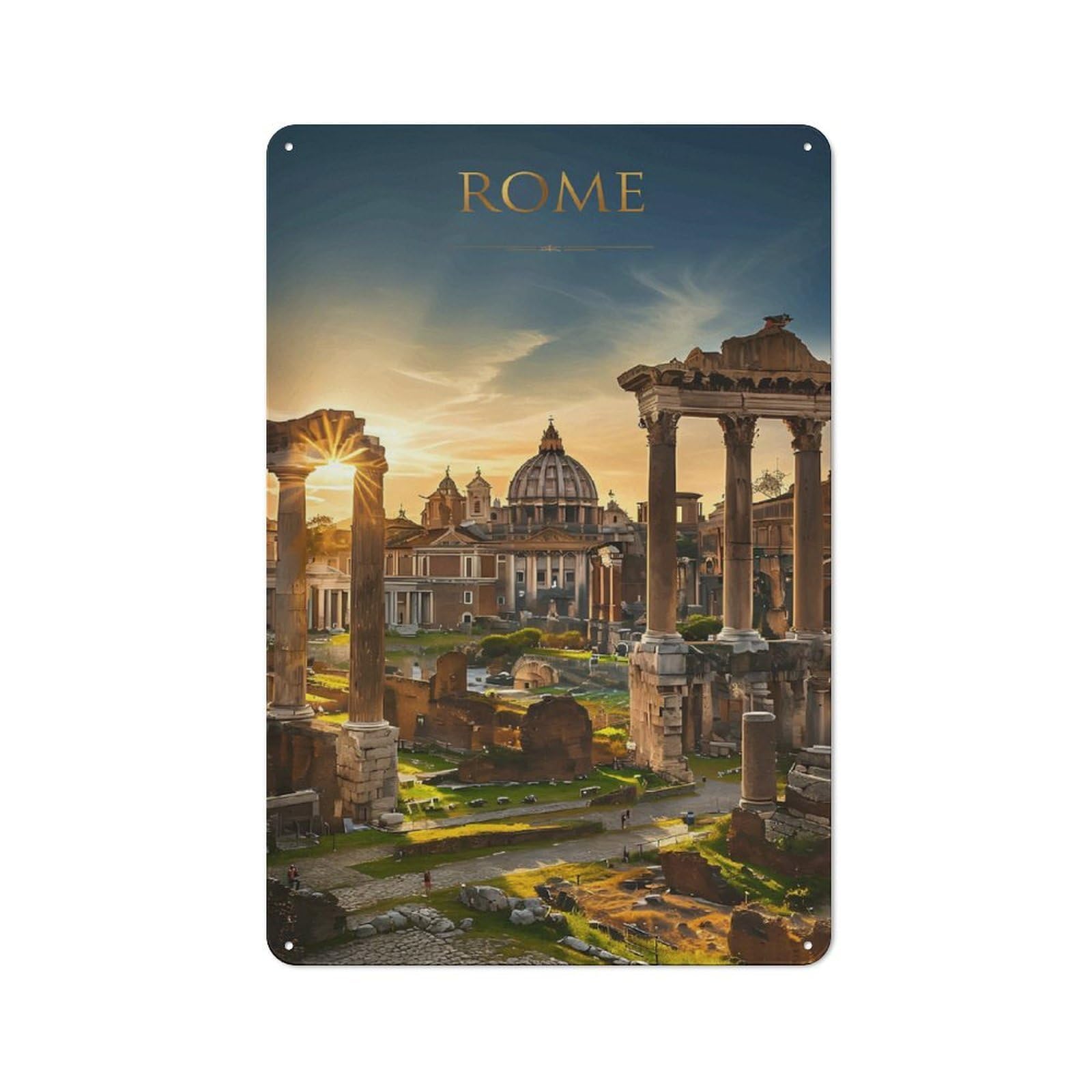Rome Sunset Ruins Decorative Metal Sign 30x20cm, Country Style Bistro Wall Plaque for Kitchen, Cafe, Pantry Or Dining Room