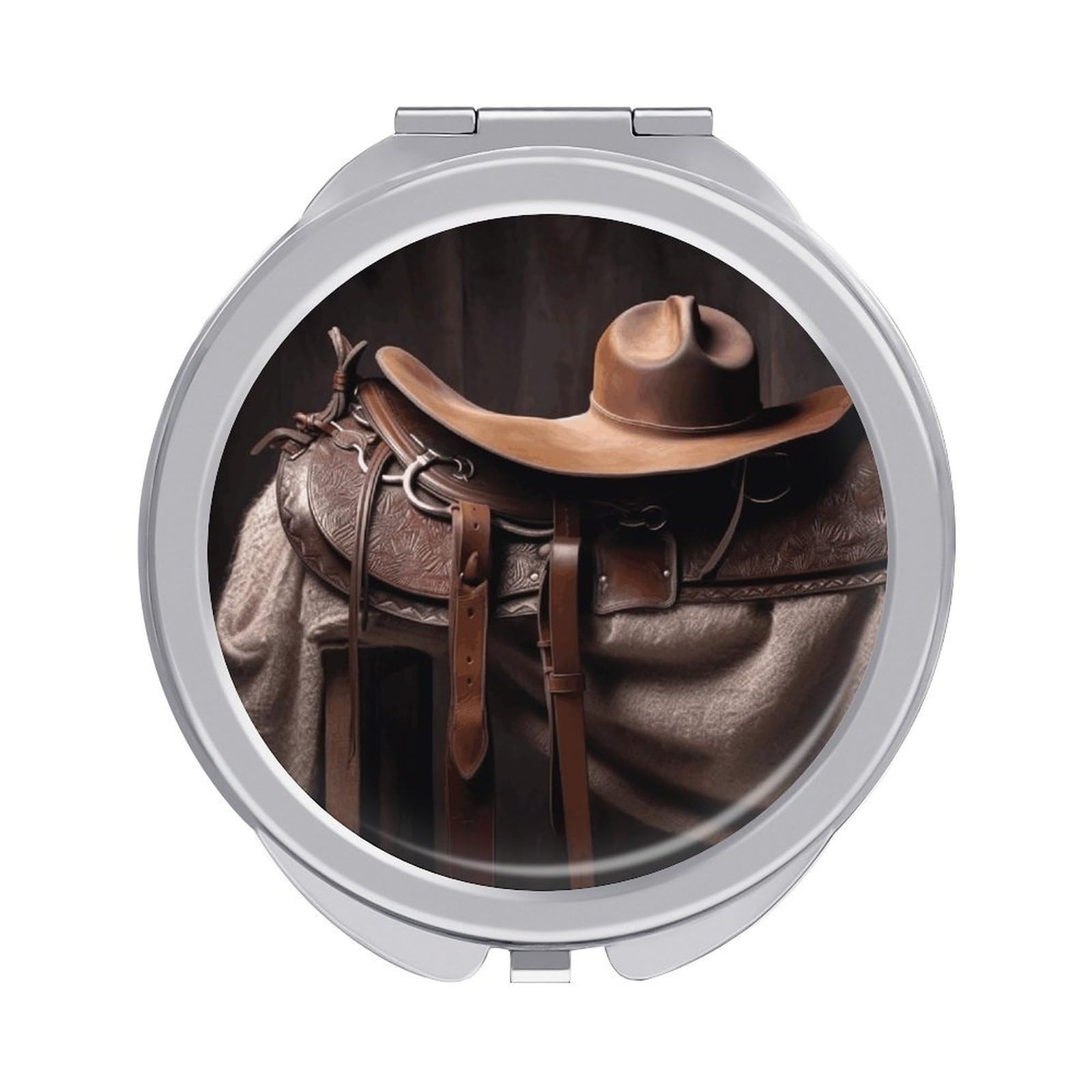 FekiLoot Horse Saddle with A Cowboy Hat Wild Travel Makeup Mirror 2 X /1 X Magnifying Slim Pocket Mirrors Compact for Purse Travel Makeup Mirrors for Pocket, Handbag, Purse Women Gift