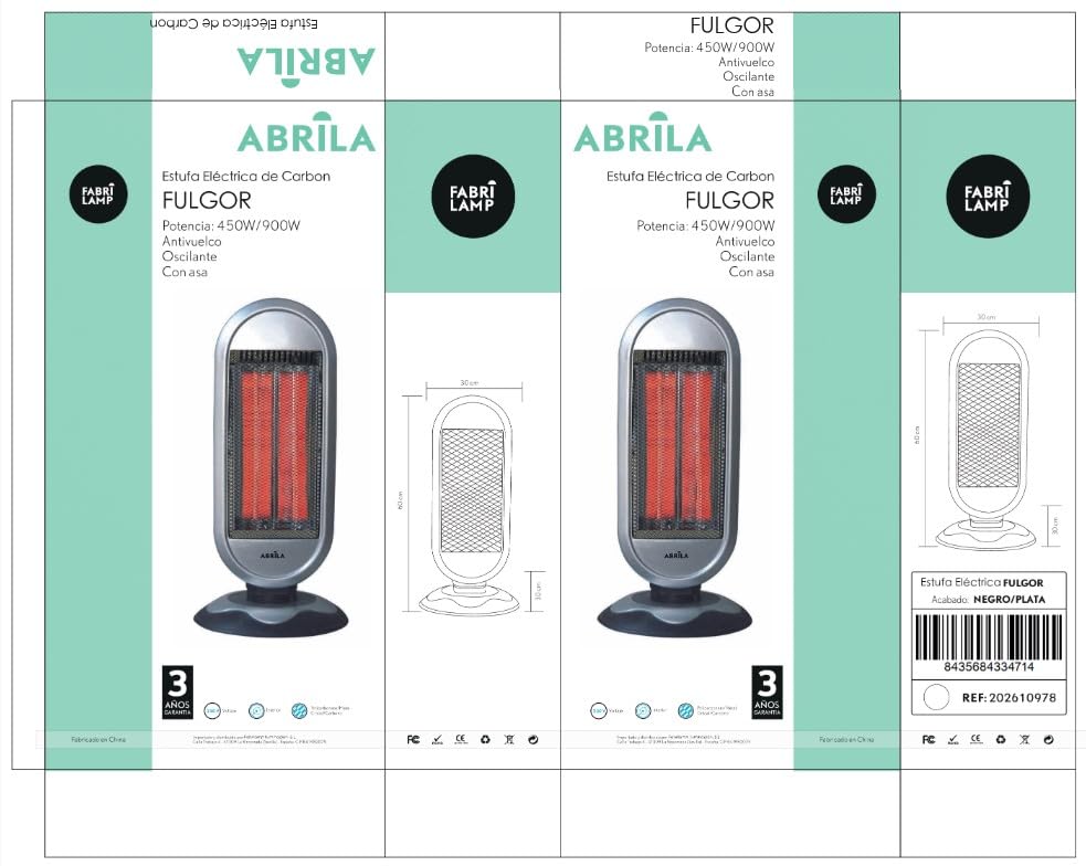 Estufa halógena de Carbono Fulgor 900W Negro y Plata | 2 potencias, función oscilante, 2 elemntos, termostato Regulable