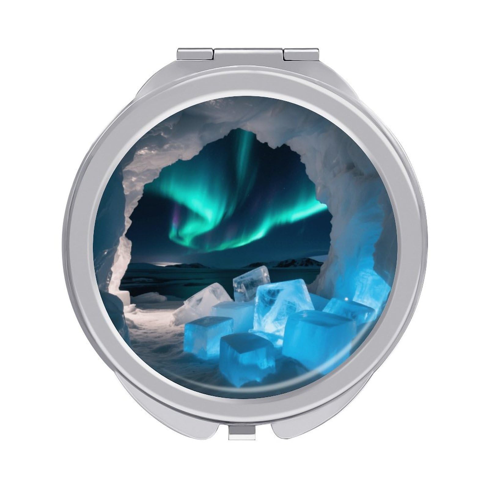 Fekiloot Style Ice Caves And Aurora Travel Makeup Mirror Handheld Compact Mirror Portable Pocket Mirror Double-Sided 1X/2X Magnifying For Handbag And Purses