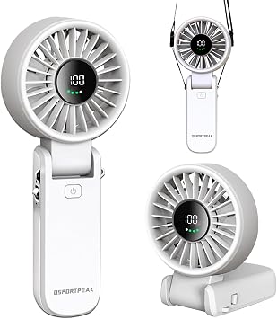 QSPORTPEAK Mini foldable fan,100 High Speeds Adjustable Handheld portable Fan,4000mAh Rechargeable Battery Operated Fan with LED Display,Suitable for Travel/Camping/Outdoor,White