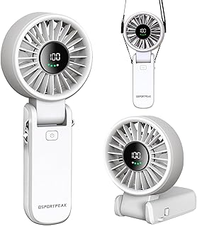 QSPORTPEAK Tragbarer Handventilator, Einstellbare Geschwindigkeit(1-100),Mini Ventilator mit 4000mAh Akku,LED-Anzeige,180° verstellbarer,Für Frauen Männer Reisen/Camping/Outdoor,Weiß