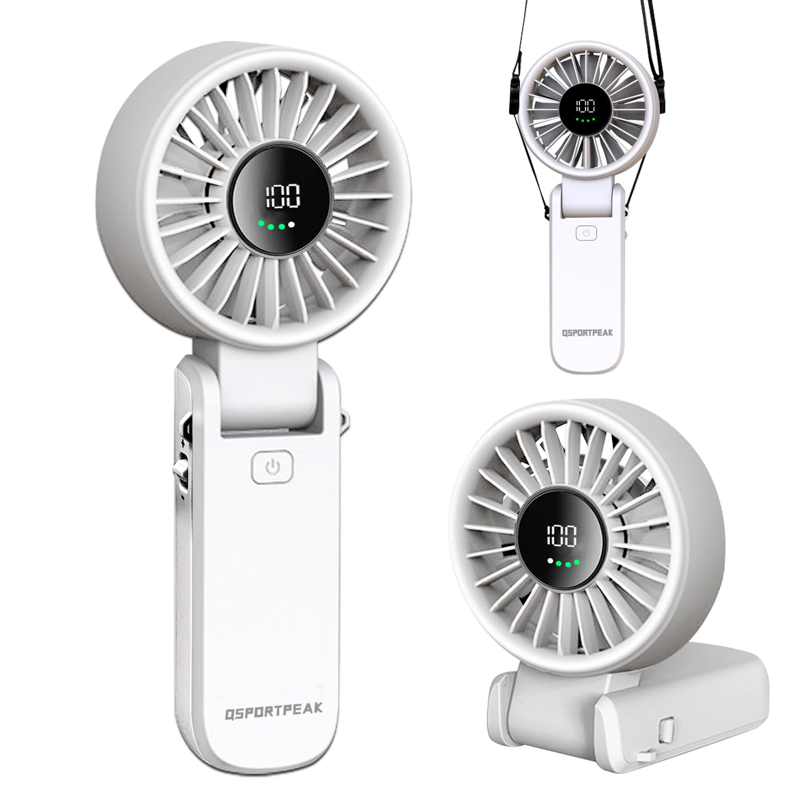 QSPORTPEAK Portable Mini Fan 4000mA Rechargeable Battery USB Charging,Handheld Foldable Fan with LED Display,Suitable for Travel/Camping/Outdoor,White