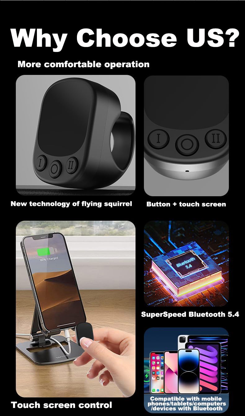 Fingerspitzen Scrolling Ring,2in1 Touchpad Bluetooth5.4 Page Turner & Maus für Tik Tok i-Phone iPad,Tragbare Handheld Bluetooth Maus mit Fernbedienung,Kabellose Finger Scroller Fernauslöser Controller