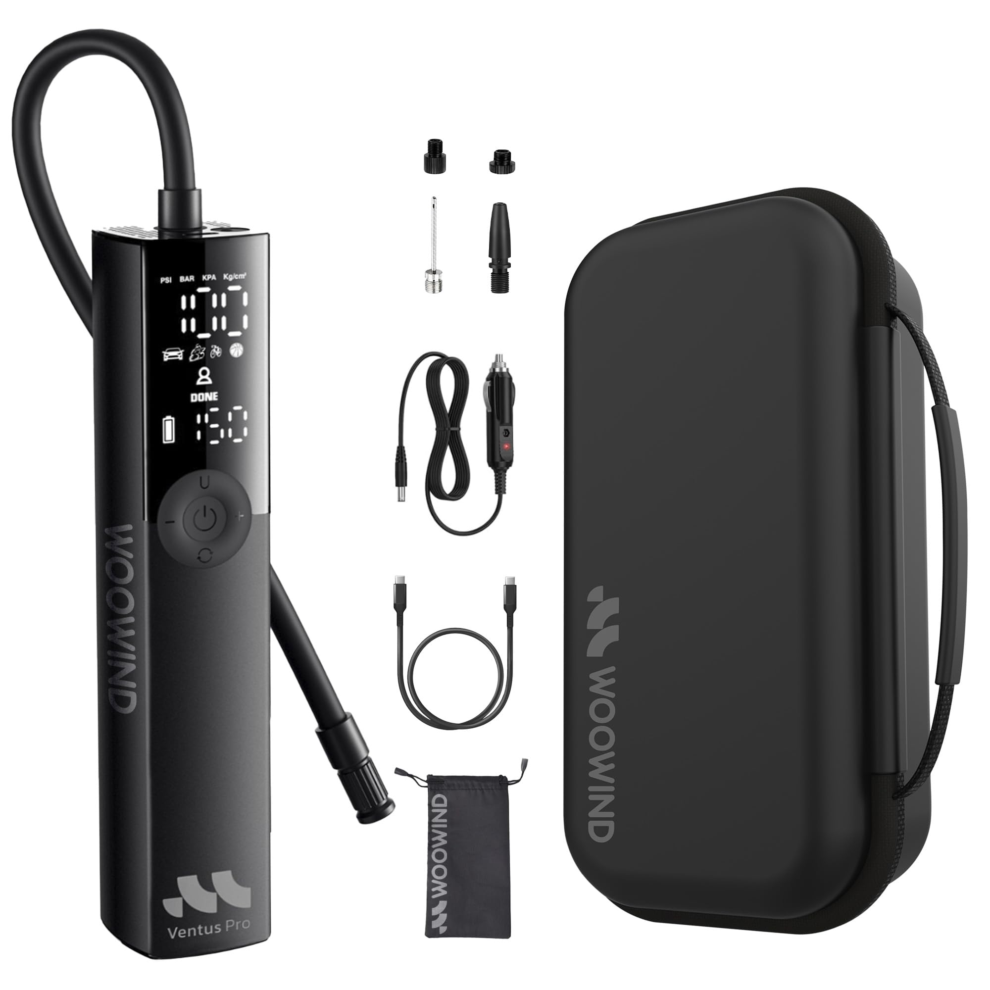 Woowind Ventus Pro Compresor Aire Portátil 150PSI/10,3Bar, Inflador Eléctrico Coche Recargable, Inalámbrico o con Cable 12V DC, Apagado Automático y Linterna LED + Estuche de Transporte