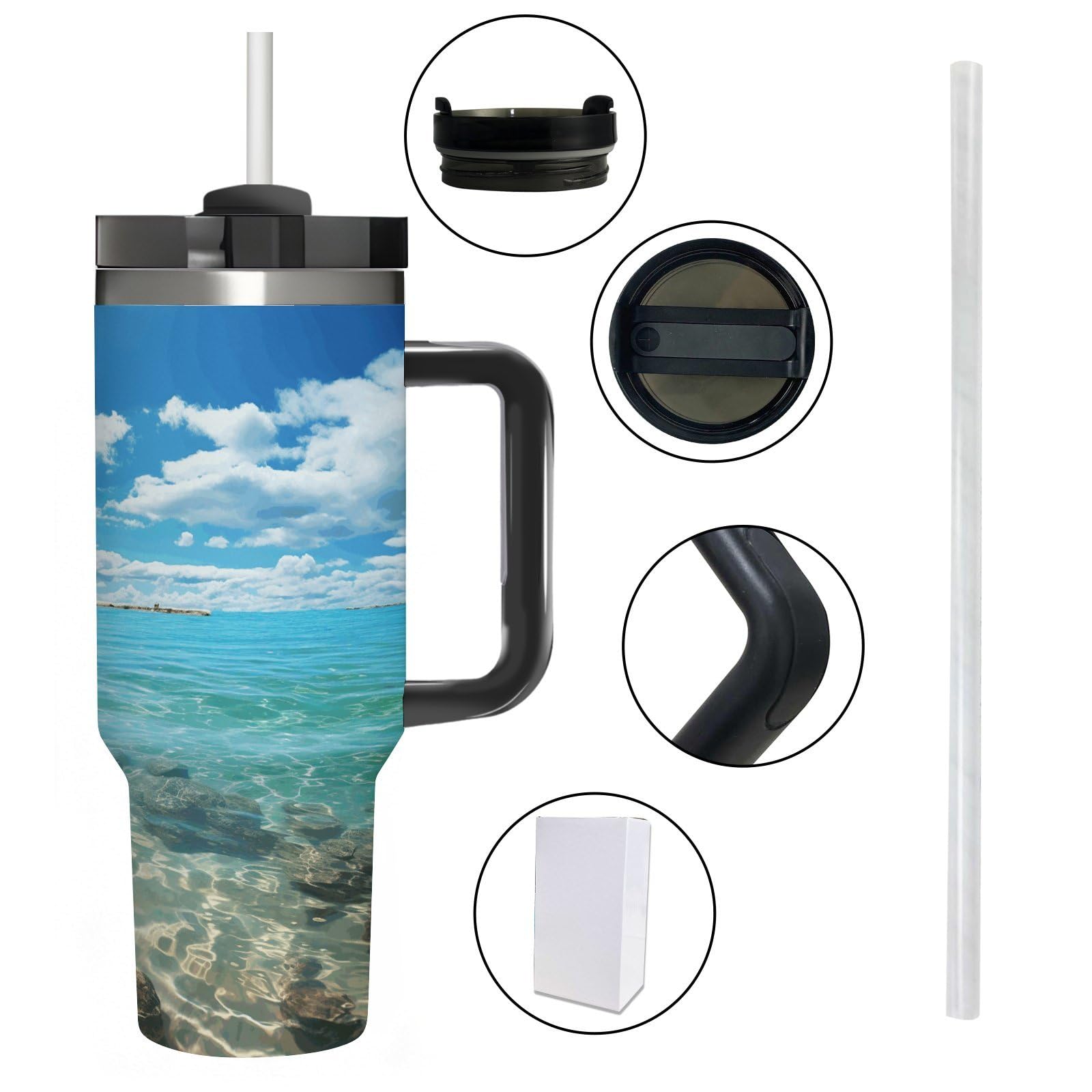 Scenic - Vaso de café de viaje de acero inoxidable, taza de café con tapa y popote, taza con asa, gran capacidad, doble pared al vacío a prueba de fugas, taza térmica de café helado, 40 onzas