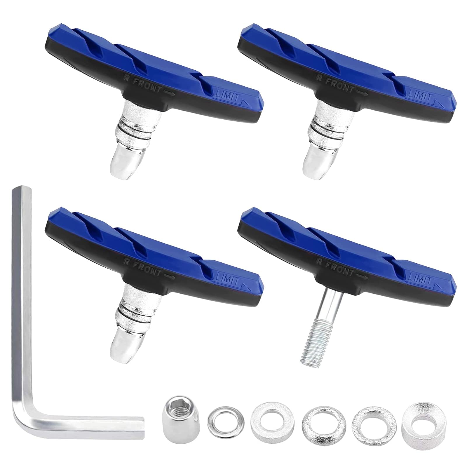 V Bike Brake Pads, 2 Pairs V Bicycle Brake Blocks Set 70 mm Road Bike Brake Pads with Hex Nuts and Spacers for Mountain Bikes Bicycle, Hex Wrench Included (Blue)