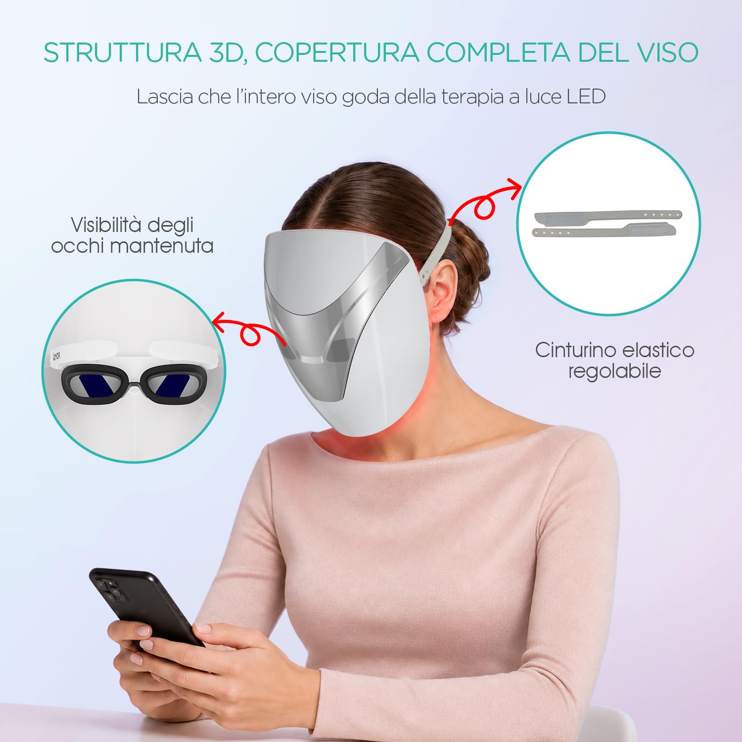 VOYOR Maschera LED, Maschera Viso con Terapia a Luce Rossa/Blu/Viola | Trattamento con Timer, Supporto Confortevole, Senza Filo, Facile da Usare, Anti-età & Migliora l'Aspetto della Pelle, BM100