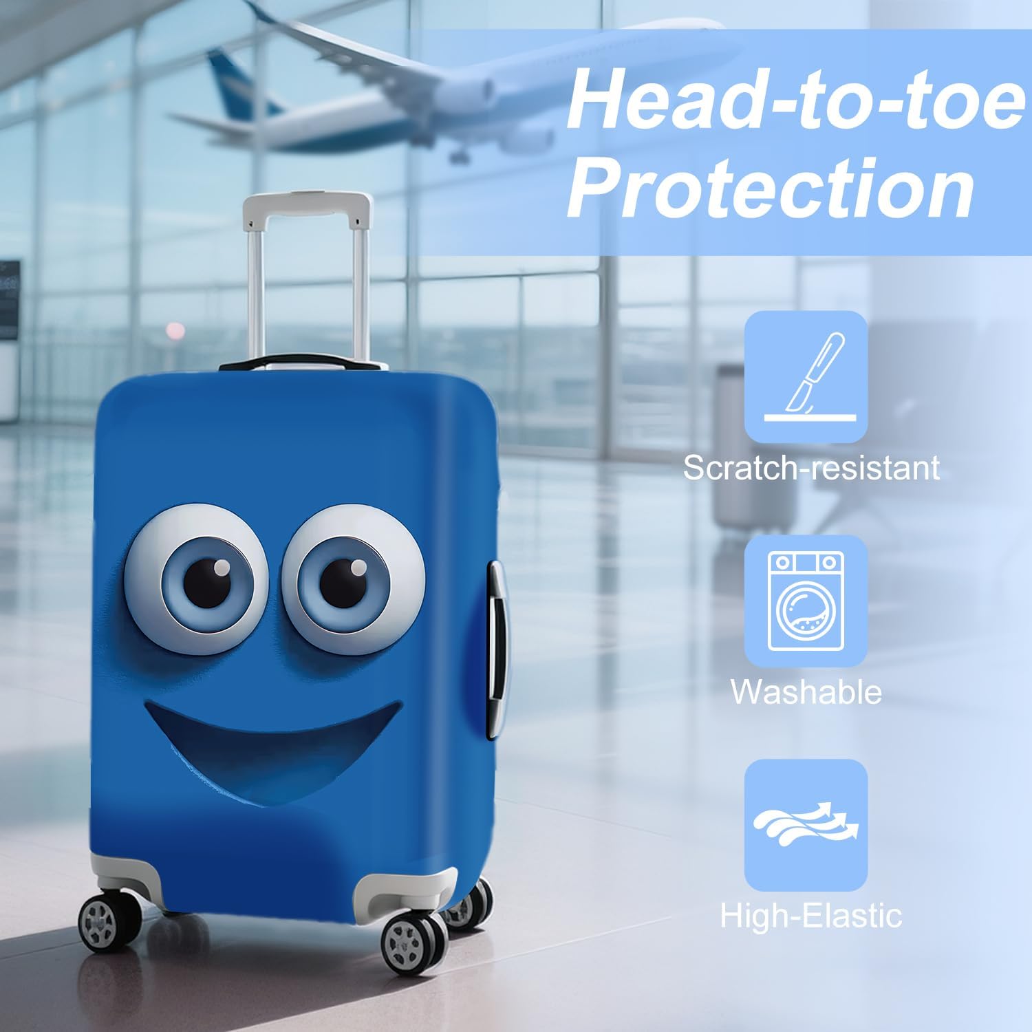 ANNA QUEEN Cut Blue Emoticons Luggage Cover Washable Suitcase Protector Suitcase Cover Anti-Scratch,Stretchable Fit for 18-32Inch Luggage,Travel Bag Cover L(fits 26-28Inch suitcase)