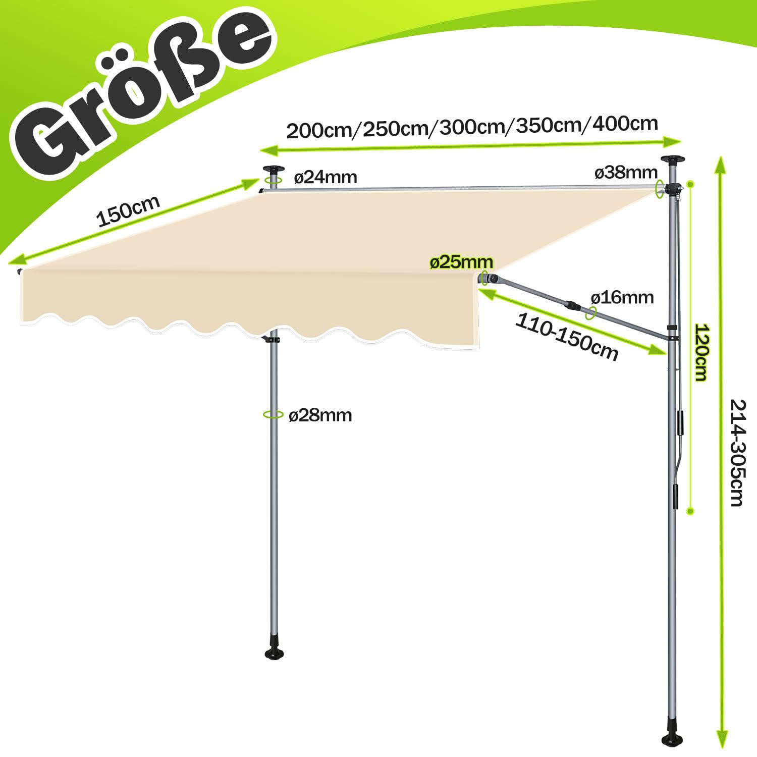 Ikodm Klemmmarkise 400cm Breit mit Handkurbel, Balkonmarkise ohne Bohren, Markise mit Verlängerten Einziehbaren Seitenstangen, UV-beständig höhenverstellbar Sonnenschutz, Beige