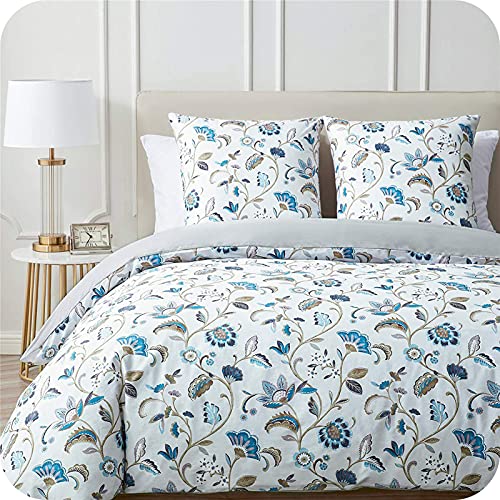 Topfinel Juego de Cama Funda Nórdica 155x220cm Tela de Algodón Azul con Estampado de Flores y 1 Funda de Almohada de 80x80cm con Cremallera