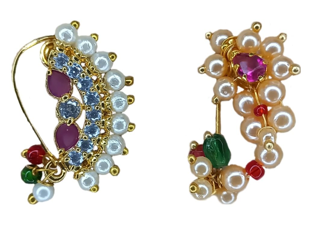 SAAVI COLLECTION Gold Plated Medium size Combo of Non Piercing Press Nath Artificial Pearl Beaded Nath with American Diamond Banu Nath For Womens and Girls (B0CJ84WVJ5) Amazon Price History, Amazon Price Tracker