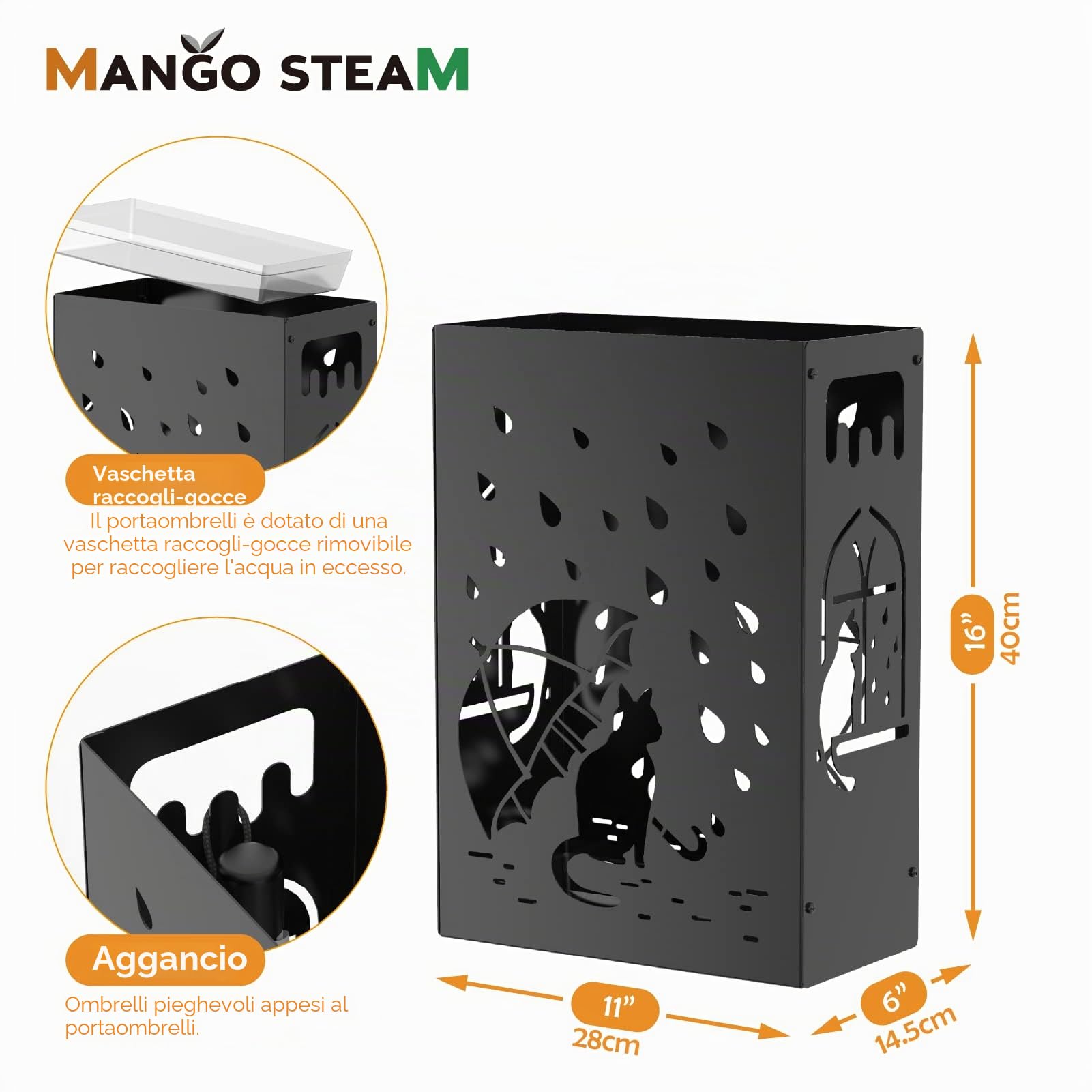 Mango Steam Portaombrelli, motivo: gatti che piovono, nero