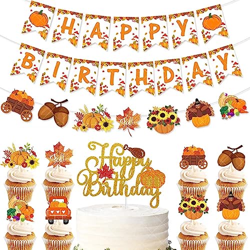 Fall Happy Birthday Banner Cute Thanksgiving Birthday Party Decorations Set Colorful Harvest Autumn Theme Party Decorations Orange Pumpkin Patch Party Supplies