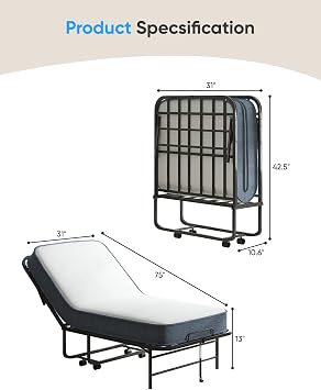 Folding Bed with Mattress for Adults, Single Rollaway Bed with 5 Foam Mattress, Portable Rollaway Guest Beds with Metal Frame, Twin Size Space Saving