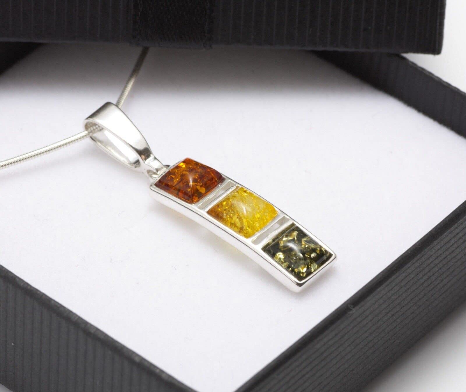 Collar DE Plata DE Ley DE ÁMBAR BÁLTICO Natural 925 Colgante Piedra Preciosa Multicolor para Mujer y Cadena Ajustable de Plata Serpiente 45 cm - 50 cm, Set de Regalo
