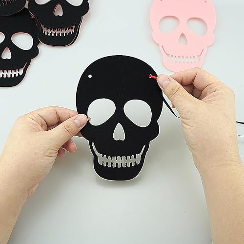 Miniatura 4 de Paquete de 2 guirnaldas de calavera negra y rosa, guirnalda de esqueleto de fieltro, pancarta de Halloween para decoración gótica de Halloween,