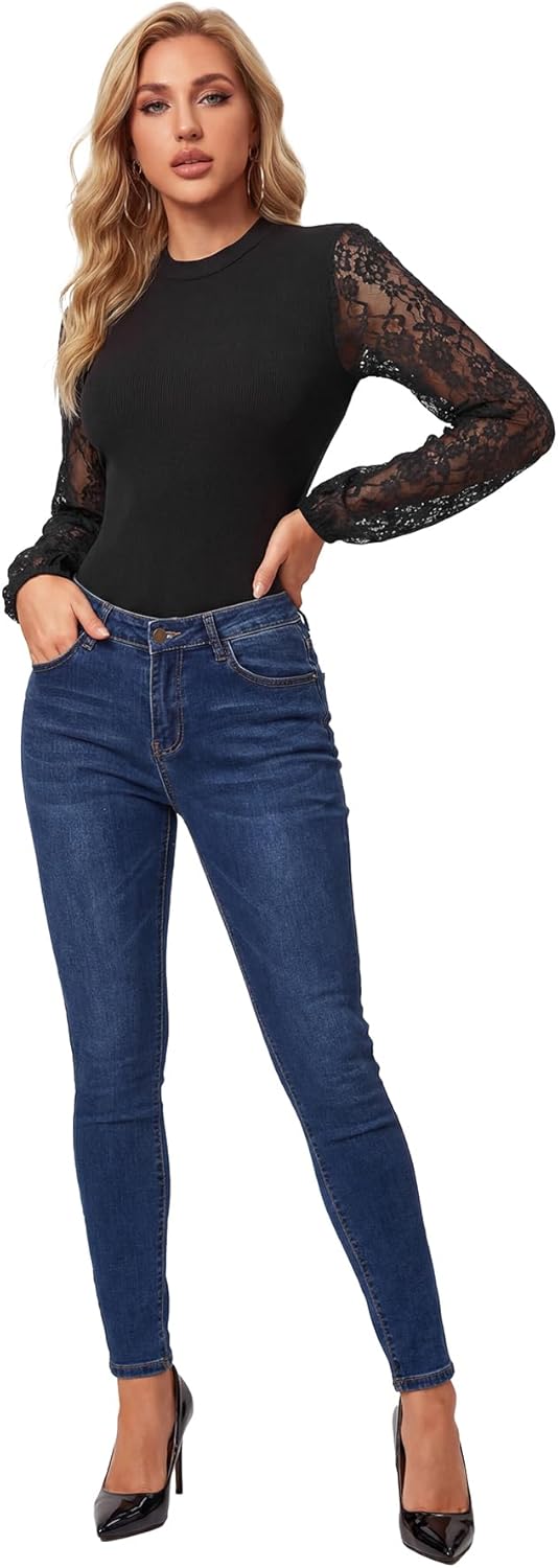 KIFOVEN Women's Bodysuit Crew Neck Sheer Lace Lantern Long Sleeve Ribbed Dressy Slim Fit Going Out Top Jumpsuit - Image 6