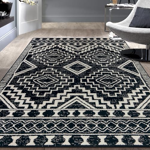 Rugshop Southwestern Black and White Tribal Area Rug – Geometric Diamond Pattern Carpet for Living Room, Bedroom, or Entryway – Boho Rustic Soft Floor Decor 5' x 7' Black