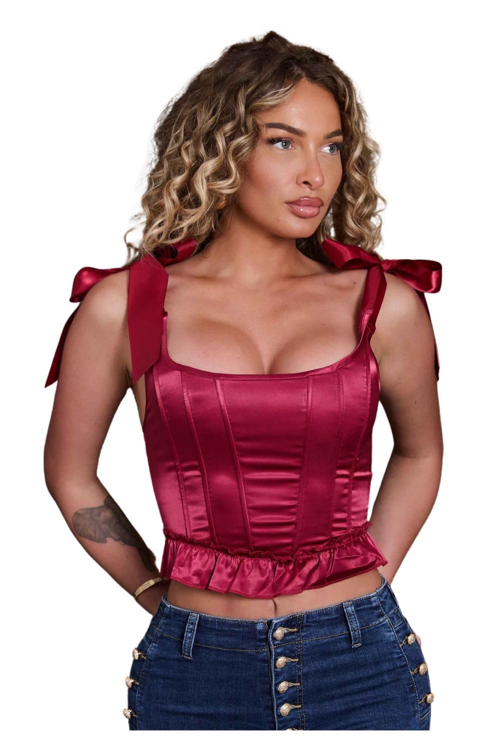 Femme Luxe Front Seam Ribbon Detail Corset Top - Lolita - Red - 14