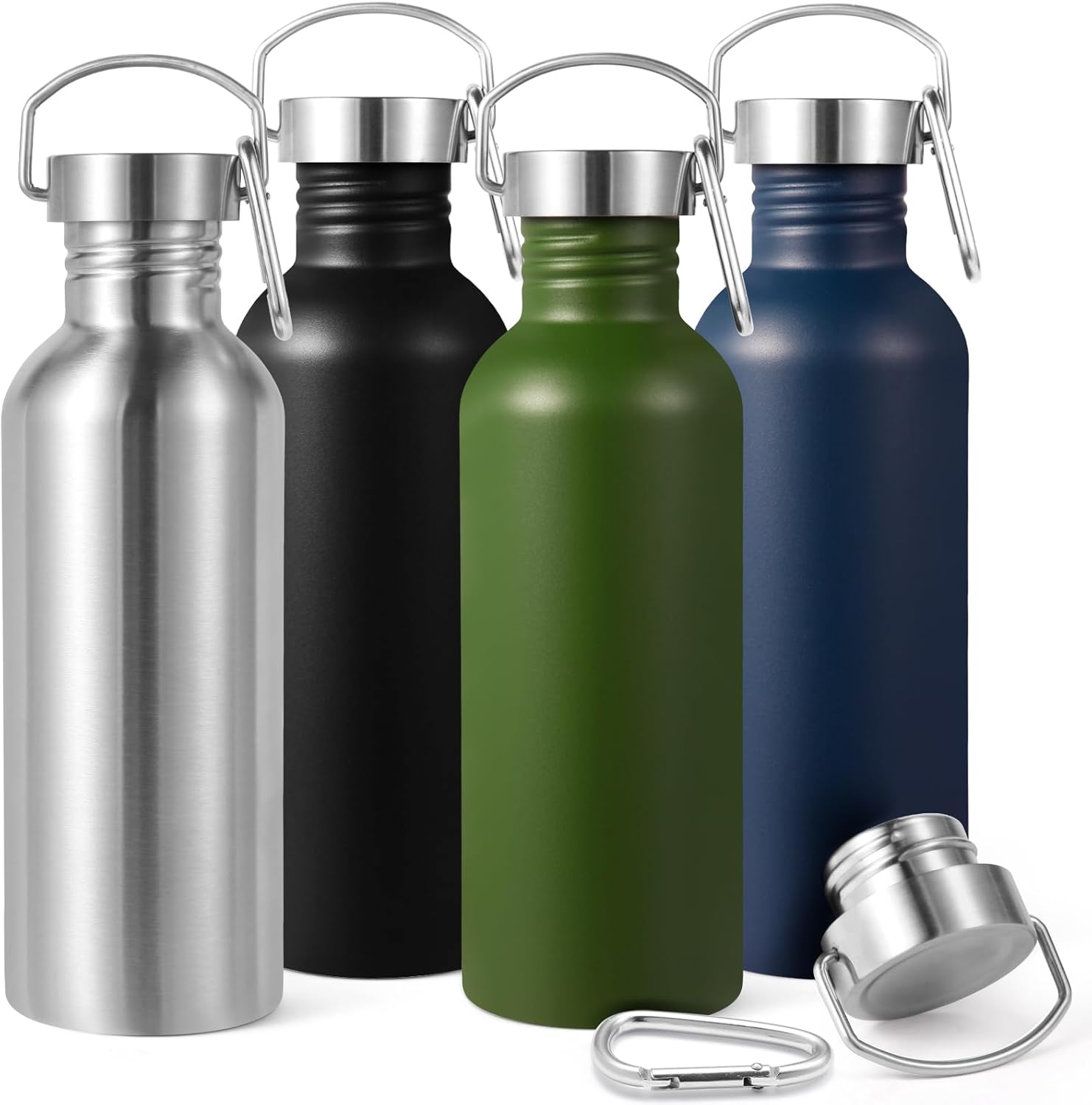 Volhoply 32oz Uninsulated Single Walled Water Bottles 4 Pack, Stainless Steel Sports Water Bottle with Handle & Carabiner, BPA Free Lightweight Water Bottles for Hiking, Biking, Running（Mix,4）