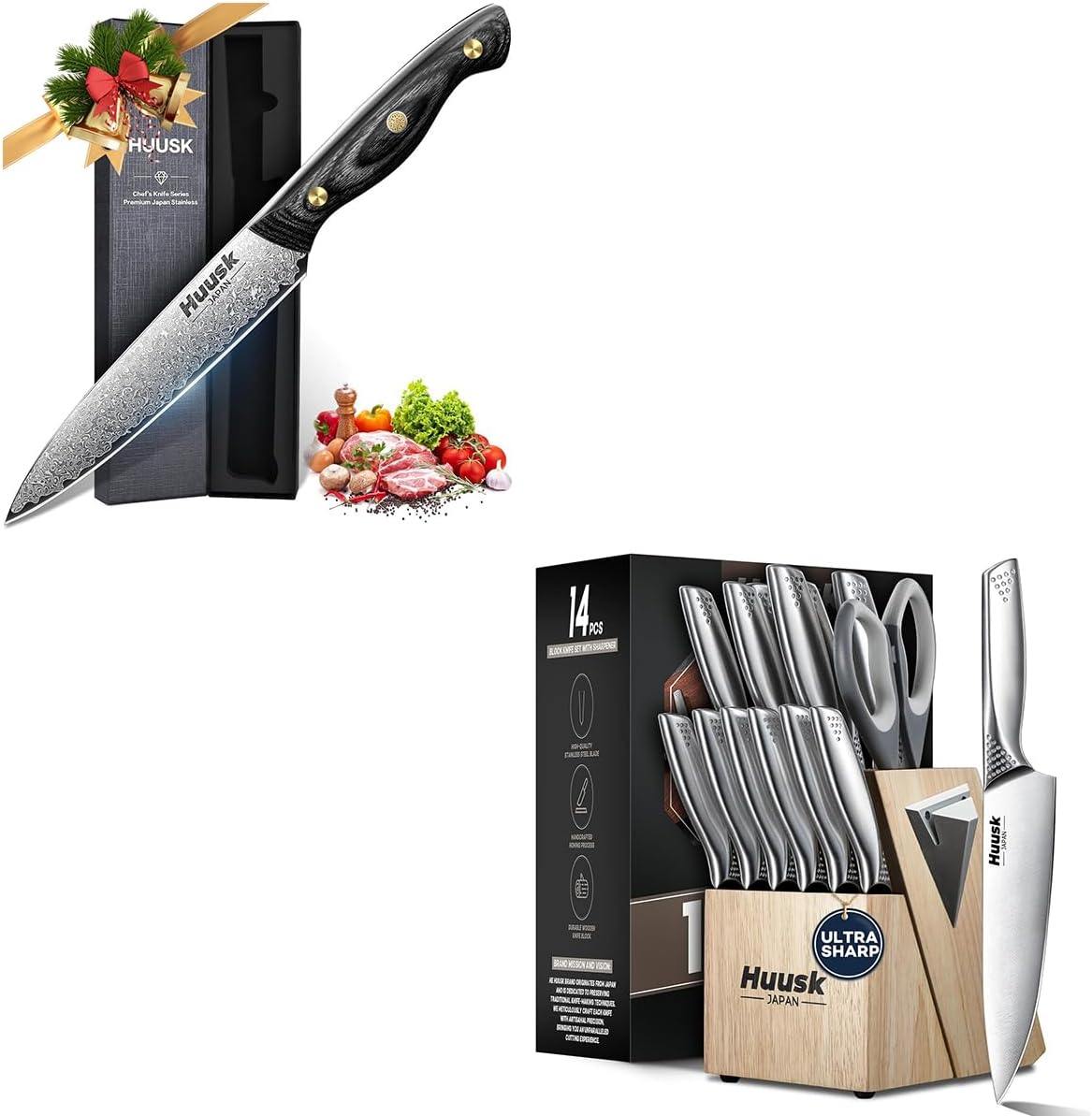 Huusk Knife Set with Block and Sharpener, Sharp Silver Professional Knives Set with Box for Kitchen, Damascus Kitchen Utility Knife