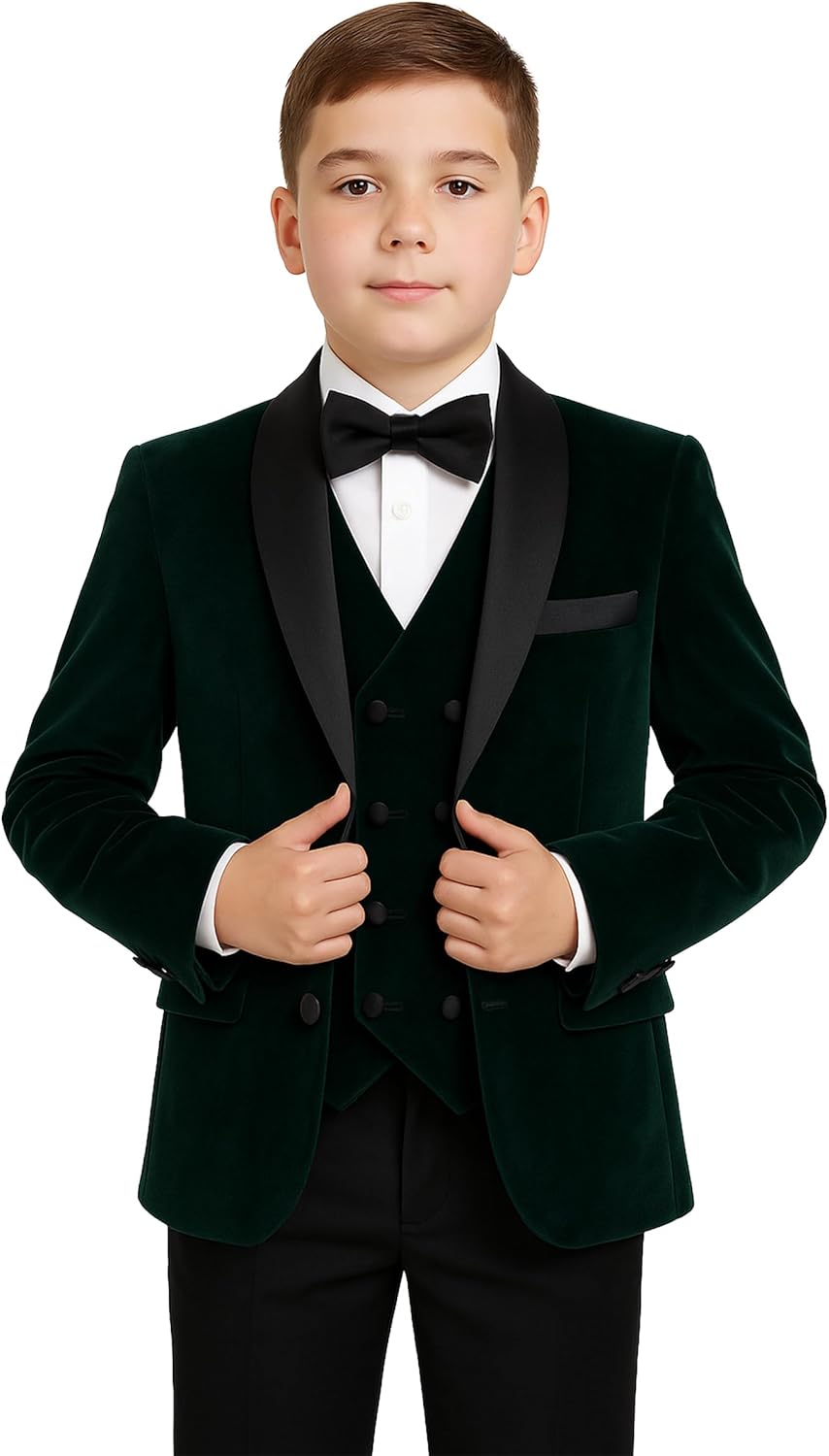 Luxury Boys Slim Fit Velvet 5PC Tuxedo Suit with Double-Breasted Vest- Ideal for Special Occasions