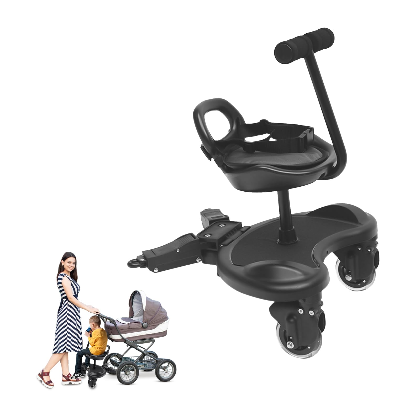 JLYNOWPT Universal Stroller Board 2 In1 Sit and Stand Stroller Board with Detachable Seat Adjustable Connector and Shock-Absorbing Wheels, Up to 55