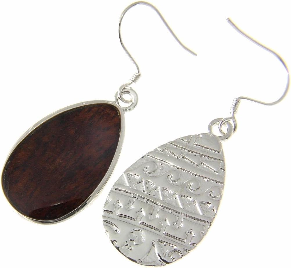 Koa Wood Hawaiian Tribal Teardrop Rhodium Plated Brass Hook Wire Earrings