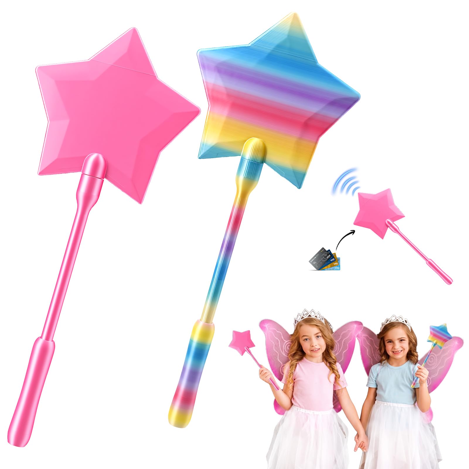 GSrenyu 2Pcs 3D Printed Wand, Credits Card Holder Wands, Pink Rainbow 3D Star Wands Taps Contactless Payment Card Holder for Kids Teens Adults Shopping Cosplay Travel