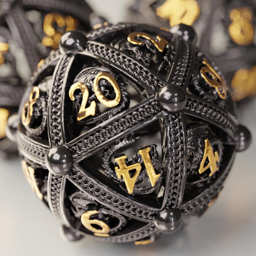 Metal DND Dice Set - Unique Round Hollow Orb Design for Better Rolling - Beautiful Dragon Set for Role Playing Games (RPG) - Stunning D&D Dungeons and Dragons Dice (Black Gold) — image 1