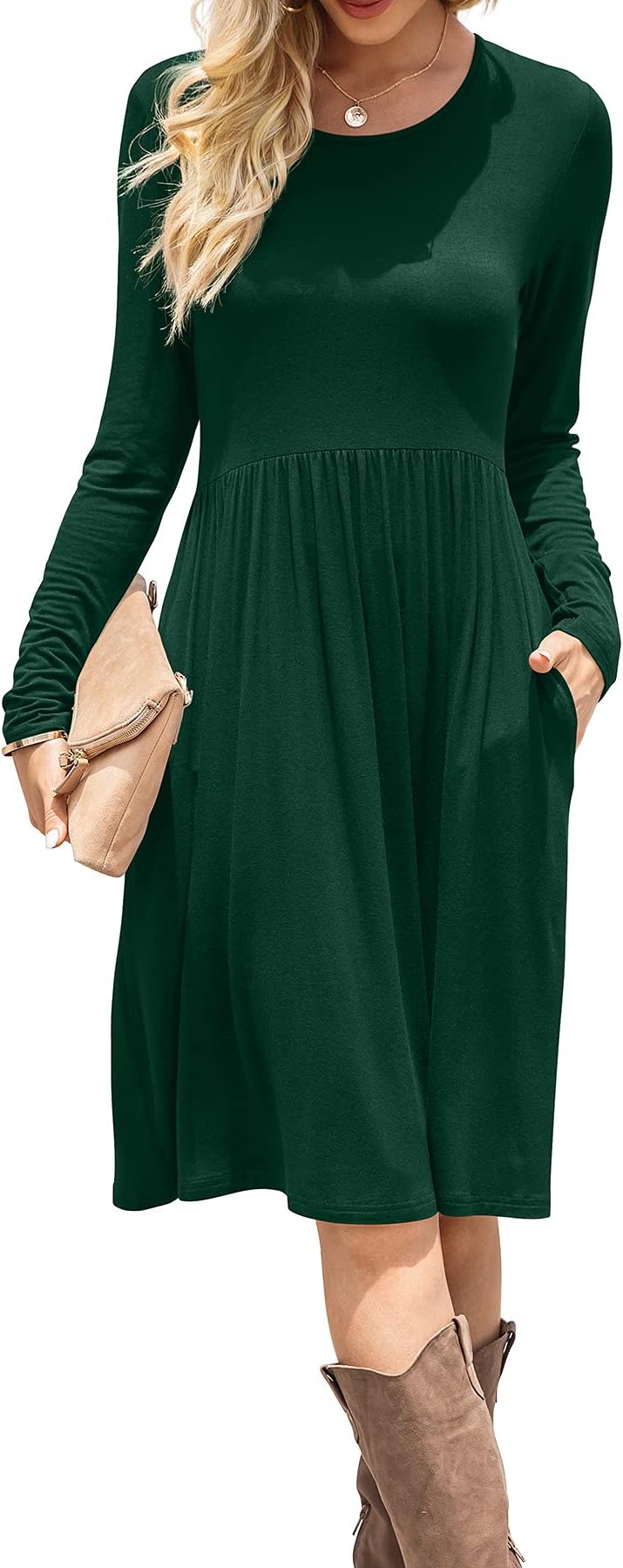 DB MOONWomen Casual Long Sleeve Dresses Empire Waist Loose Dress with Pockets (Dark Green, 2XL)