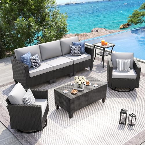 Image of UDPATIO Patio Furniture Set, 5 Pieces Outdoor Conversation Sets with Rocking Swivel Chairs, Wicker Rattan Outdoor Sofa Set with Storage Table and Waterproof Covers for Backyard, Deck, Light Grey