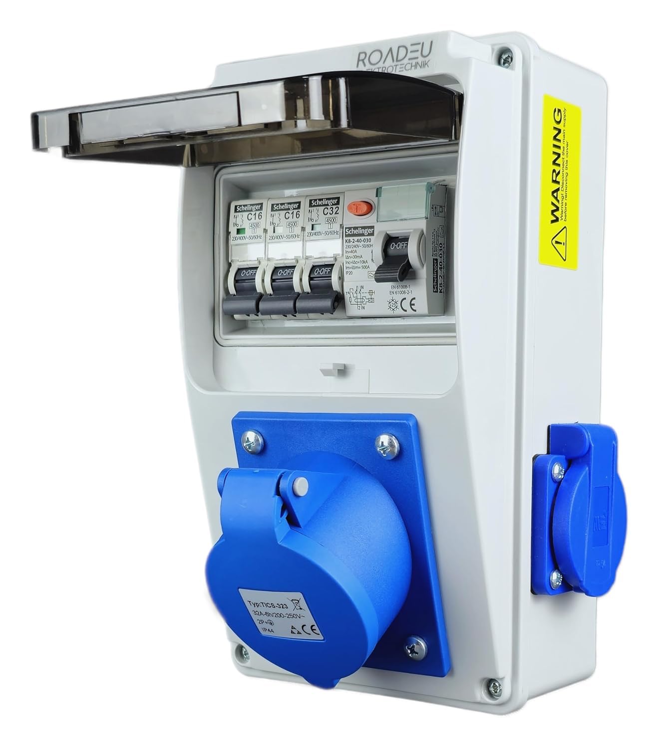 RoadEu - Distributeur de courant 230V. Prise monophasée CEE 32A 3P et 2x 230V. Répartiteur de prises avec disjoncteur différentiel. Prises intégrées avec boîte à fusibles
