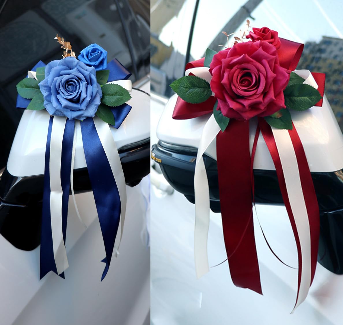 Hochzeitsauto Dekoration Künstliche Blumen Hochzeit Auto Rückspiegel Türgriff Schleifen Bnad Hochzeitschleifen Autoschleifen Autoschmuck mit Saugnäpfen Burgunderrot 12 Stück