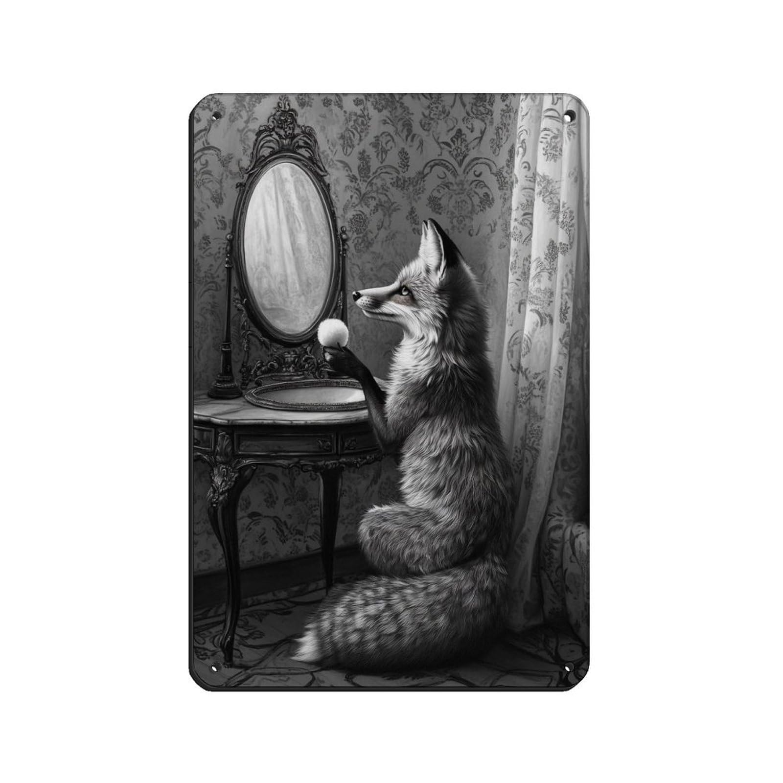 Lxwnze 20L X 30W Cm Fox With Mirror Vintage Style Art Tin Sign Vintage Metal Pub Club Cafe Bar Home Wall Art Decoration Poster Retro 8X12inch(20X30cm)