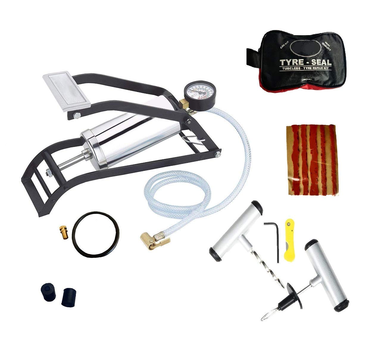 SNEPCOM air Foot Pump with (car Puncher kit Free) Air Foot Pump Steel Chrome Plated Body Use for Car or Motorbike or Bicycle Tyre Air Filling