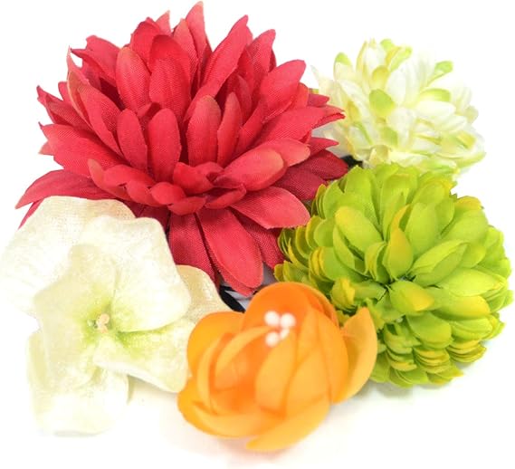 Amazon 花 髪飾り ピンポンマム 5点セット 赤 オレンジ黄緑 マルチカラー 155 和装アクセサリー 和装小物 通販