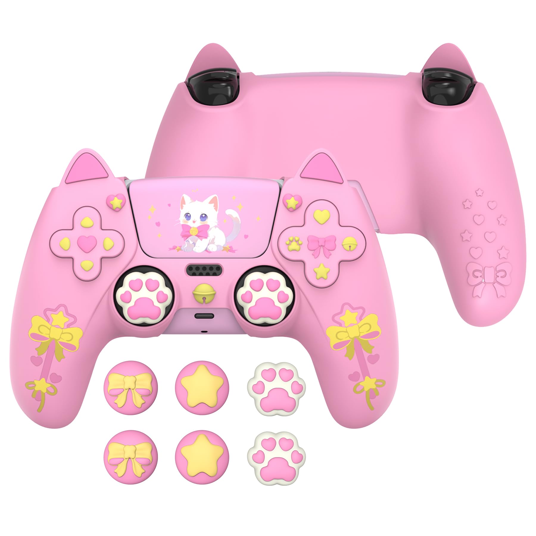 PlayVital Funda de Silicona para ps5 Mando - Cubierta Protectora con 6 Tapas de Joystick y 6 Pegatinas, Suave y Antideslizante, Compatible con Base de Carga Oficial, Sweetheart Kitty Diseño (Rosa)