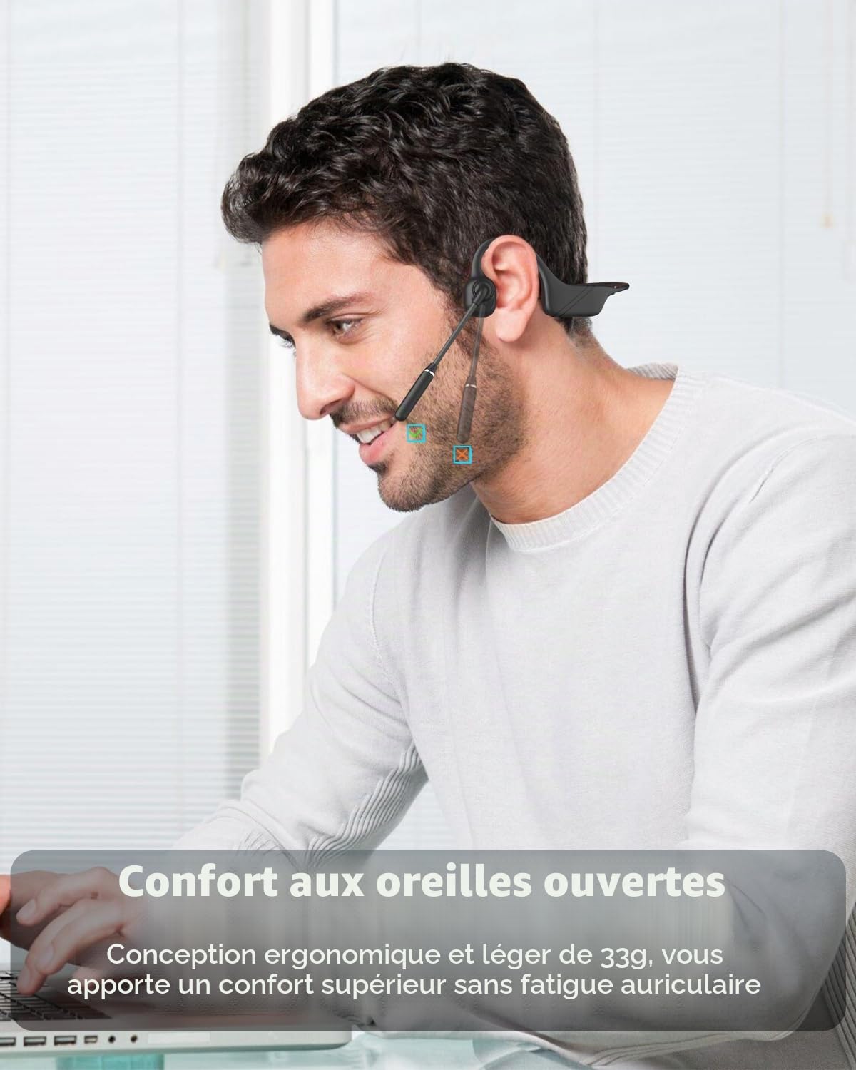 Casque Conduction osseuse Bluetooth 5.3 avec Micro, Appairage multipoint