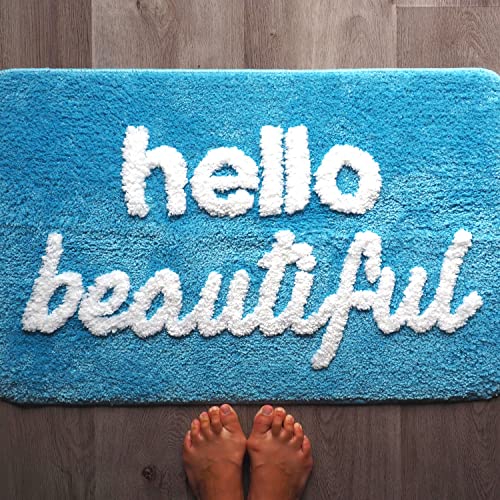 Evovee Hello Beautiful Bath Mat Aqua Turquoise Teal Mint Green Cute Bathroom Rugs For Girls Bright Colorful You Look Good Gorgeous Funny Shower Fun Bathroom Decor Non-Slip Washable Kids Women #TOP6