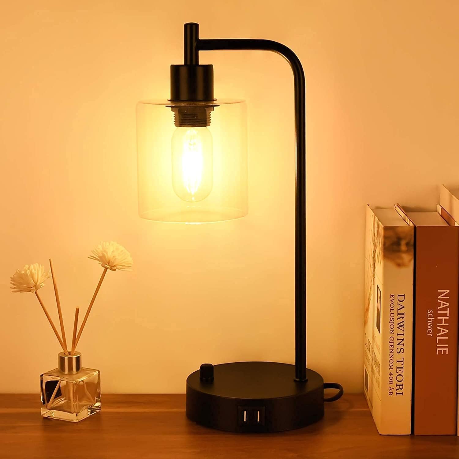 Table Lamp Bedside Desk Lamp with 2 USB Port, Modern Nightstand Industrial Table Lamp Dimmable Reading Lamp Glass Shade Night Light Lamp for Bedroom Living Study Room Office, 6W E27 LED Bulb Included