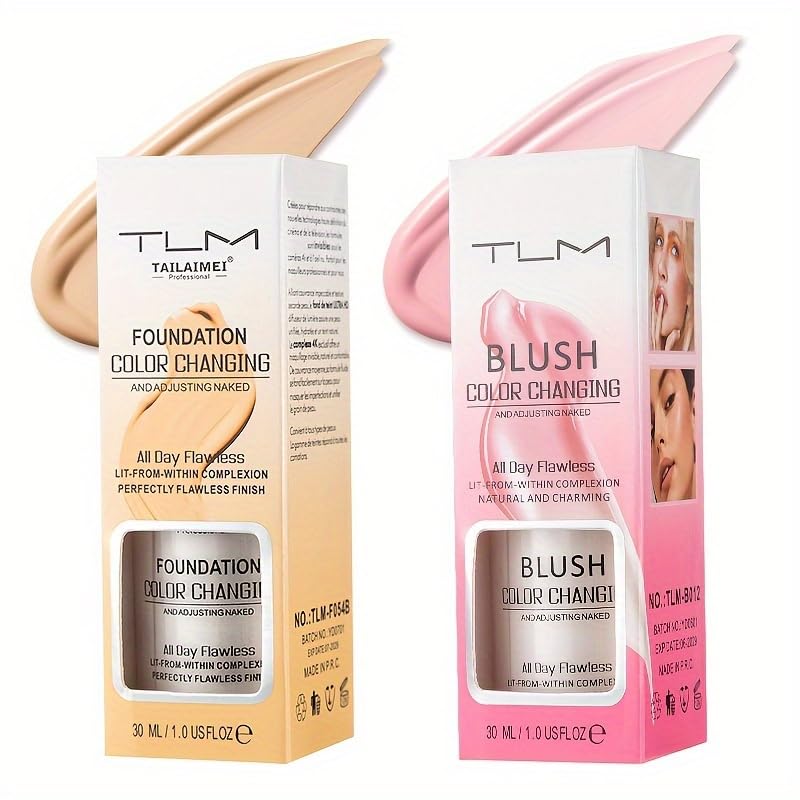 TLM Color Changing Foundation & Fluid Blush Set, Thermochromic Makeup, Waterproof & Long-Lasting, Flawless Finish, 2pcs