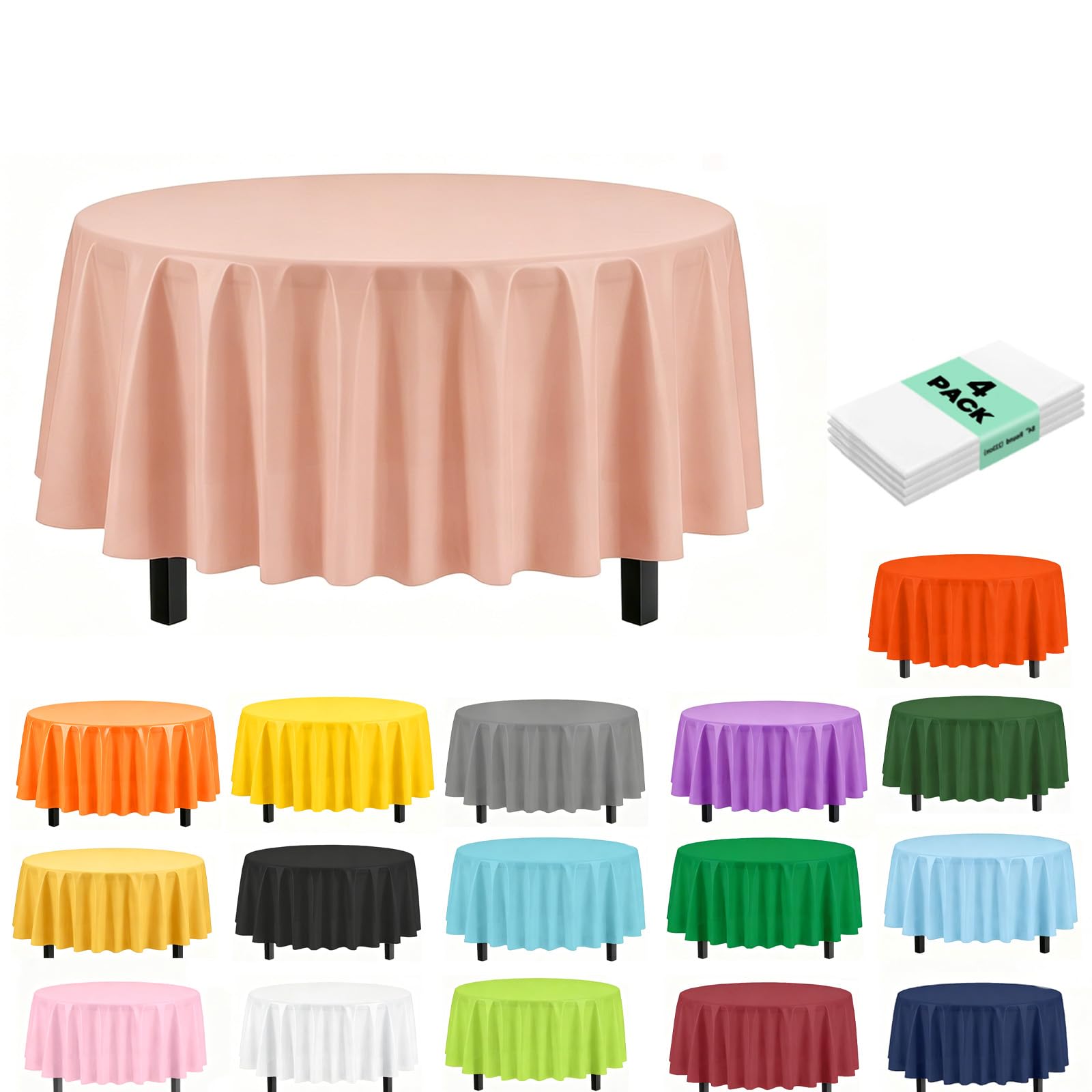 4Pack Plastic Rose Gold Party Tablecloths for Round Table, 84 inch Large Round Disposable Table Cover for Party, Decorative Paper Tablecloth Bulk for Picnic, Baby Shower,Wedding,Birthday,Christmas