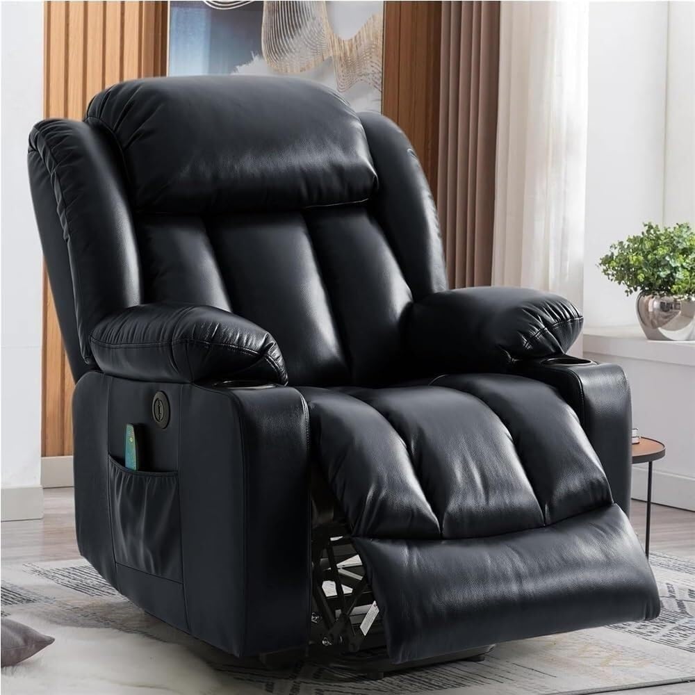 Electric Leather Lift Recliner Sofa for Seniors with Heated Massage, Remote Control, USB Charging Ports, Side Storage Pockets, Cup Holders, Plush Upholstered Ink Black Seat for Home and Living Room