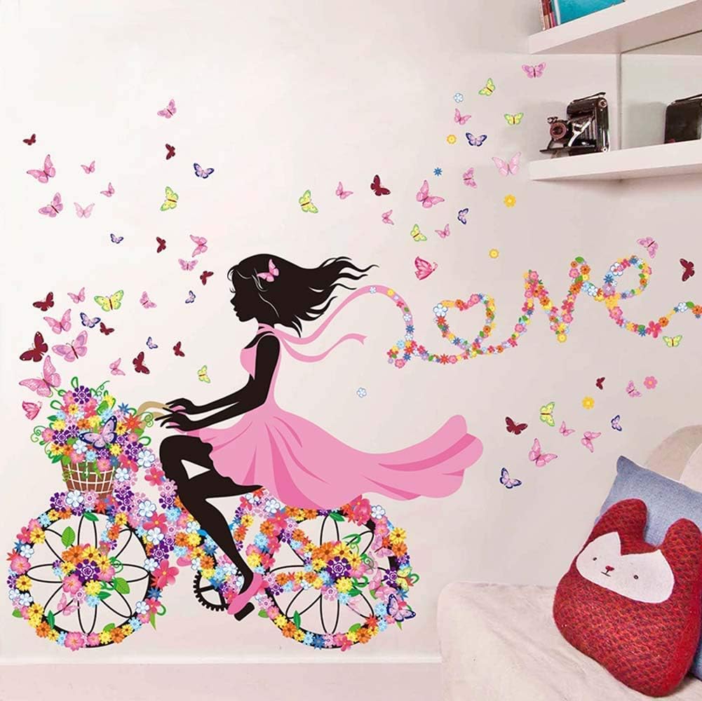SWORNA Nature Series SN49 Flower Butterfly Girl on Bicycle Removable Vinyl DIY Wall Art Mural Sticker Decal Decor for Living Room/Bedroom/Playroom/Hallway/Kindergarten/Home Office/School 28"H X 55"W